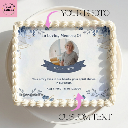 Custom edible icing cake topper with your photo and message
Beautiful memorial design for Dad, Mum, parent or grandparent
Perfect for In Loving Memory, remembrance, and celebration of life cakes
Printed on edible icing sheet with food-grade edible ink
Easy to apply to cakes, cupcakes, or desserts
Personalized and made in Canada
Great for memorial cakes, tribute cakes, and photo cakes