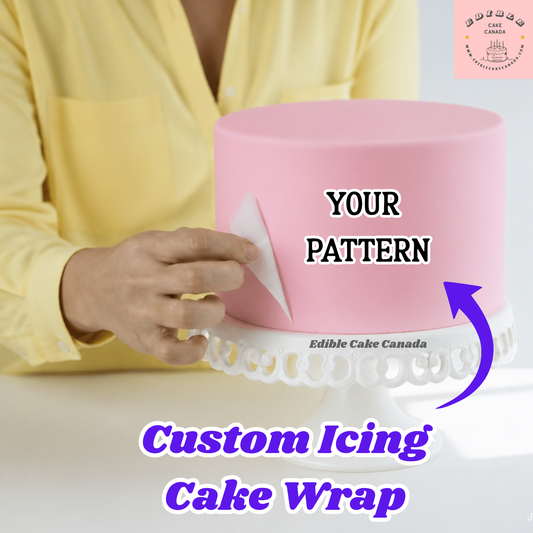 Custom 8x10 inch edible icing cake wrap featuring a personalized printed pattern, applied to a celebration cake. Made in Canada.