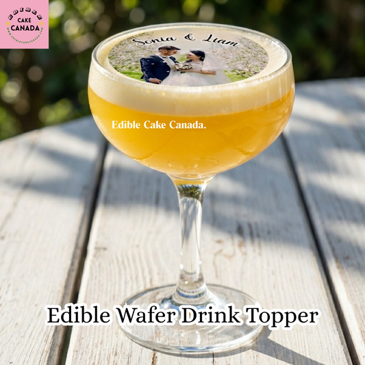 custom drink toppers, edible wafer drink topper, personalized drink topper, couple photo drink topper, wedding drink toppers, anniversary drink toppers, edible cocktail toppers, custom photo drink toppers, Canada wedding decor, personalized wedding drinks, bridal shower drink toppers, engagement party drink toppers, custom edible toppers Canada, romantic drink decorations, sweet couple celebration