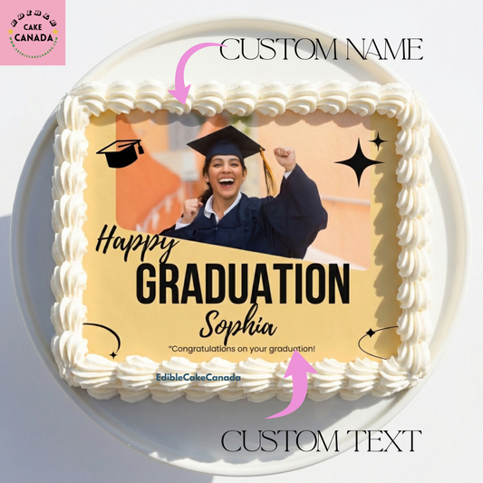 Custom graduation photo edible icing cake topper with personalized name and text, designed and processed in Canada