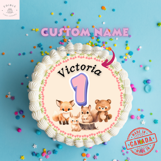 Feuille de glaçage comestible pour gâteau d'anniversaire des bois | Décoration de gâteau comestible personnalisée avec animaux d'anniversaire pour enfant
