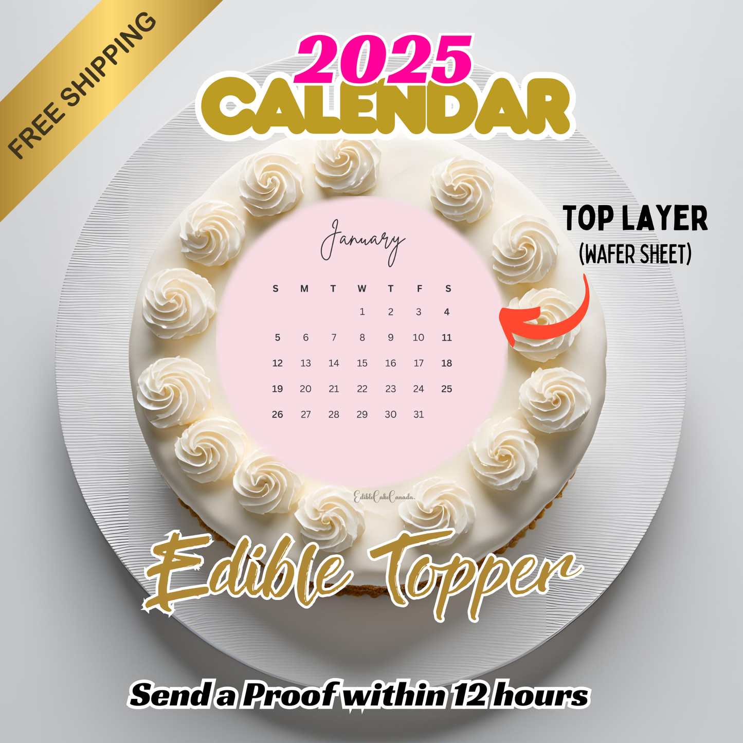 Custom 2025 Calendar Edible Image Wafer & Frosting Set | Personalized Circle Heart shape Topper | Birthday Burn-away bundle