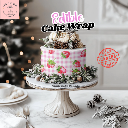 EDIBLE Pink Strawberry Gingham Edible Cake Wrap | Edible Icing Sheet for Sweet Picnic Frosting Paper for Birthday Summer Cakes