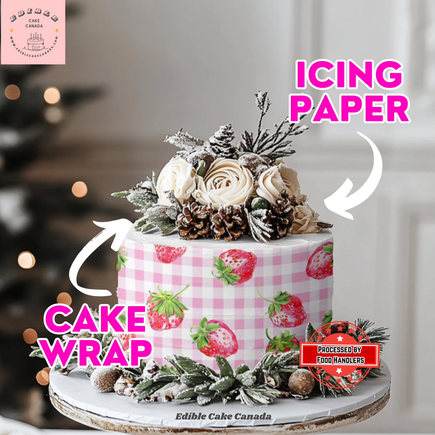 EDIBLE Pink Strawberry Gingham Edible Cake Wrap | Edible Icing Sheet for Sweet Picnic Frosting Paper for Birthday Summer Cakes