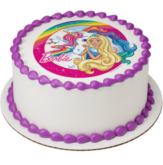 Licensed Barbie™ Dreamtopia Imagine design
Authentic PhotoCake® Edible Image® cake topper
Printed on edible icing sheet
Great for birthday cakes and Barbie-themed parties
Easy to apply to cakes and desserts
Processed in Canada