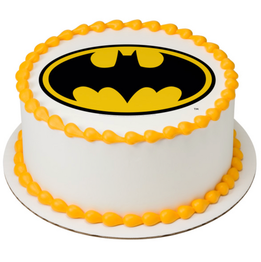 Batman™ Emblem PhotoCake® Edible Image® cake topper processed in Canada