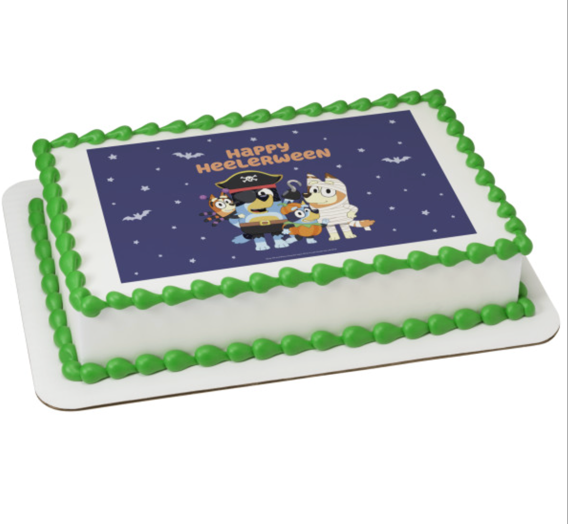 Bluey Happy Halloween PhotoCake edible image cake topper printed on edible icing sheet, processed in Canada