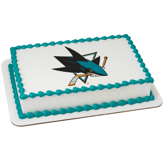 Officially licensed NHL San Jose Sharks PhotoCake edible image cake topper printed in Canada for hockey birthday and fan celebration cakes