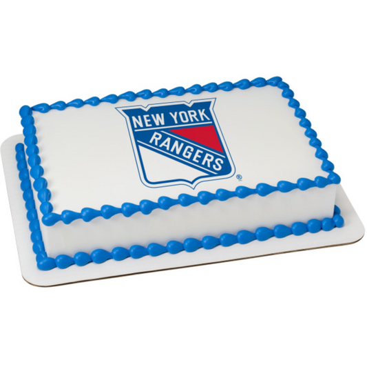 Officially licensed NHL New York Rangers PhotoCake edible image cake topper with vibrant team logo, made in Canada