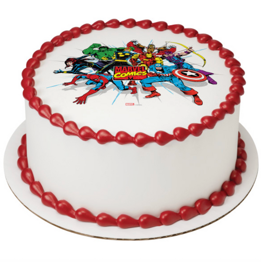 Marvel Comics Originals Unite officially licensed PhotoCake edible image cake topper printed on edible icing sheet made in Canada
