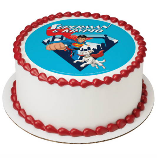 Superman and Krypto licensed PhotoCake Edible Image cake topper printed in Canada on icing sheet