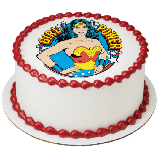 Licensed Wonder Woman™ Girl Power PhotoCake® Edible Image® cake topper for birthday cakes, available in Canada