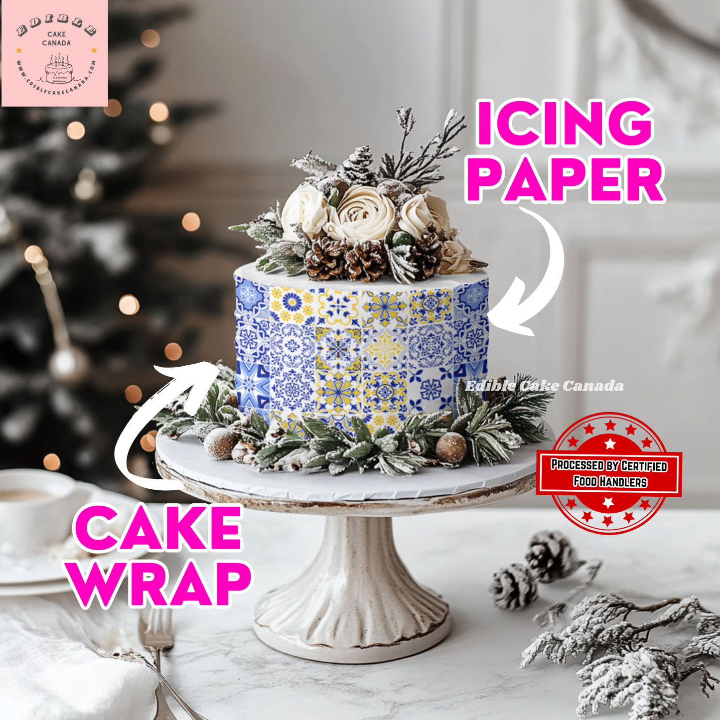 Edible Italian Tile Cake Wrap | Blue & Yellow Mediterranean Cake Decoration | Icing Sheet for Elegant Wedding Birthday Baby Shower Cakes
