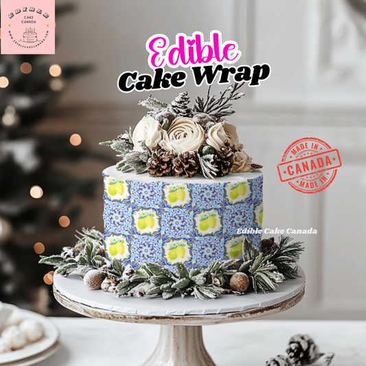 EDIBLE Icing Sheet Cake Wrap | Vintage Lemon Pattern Edible Frosting sheet | Lemons and Blue Blossoms Tile |8" x 10" Edible Frosting Sheet