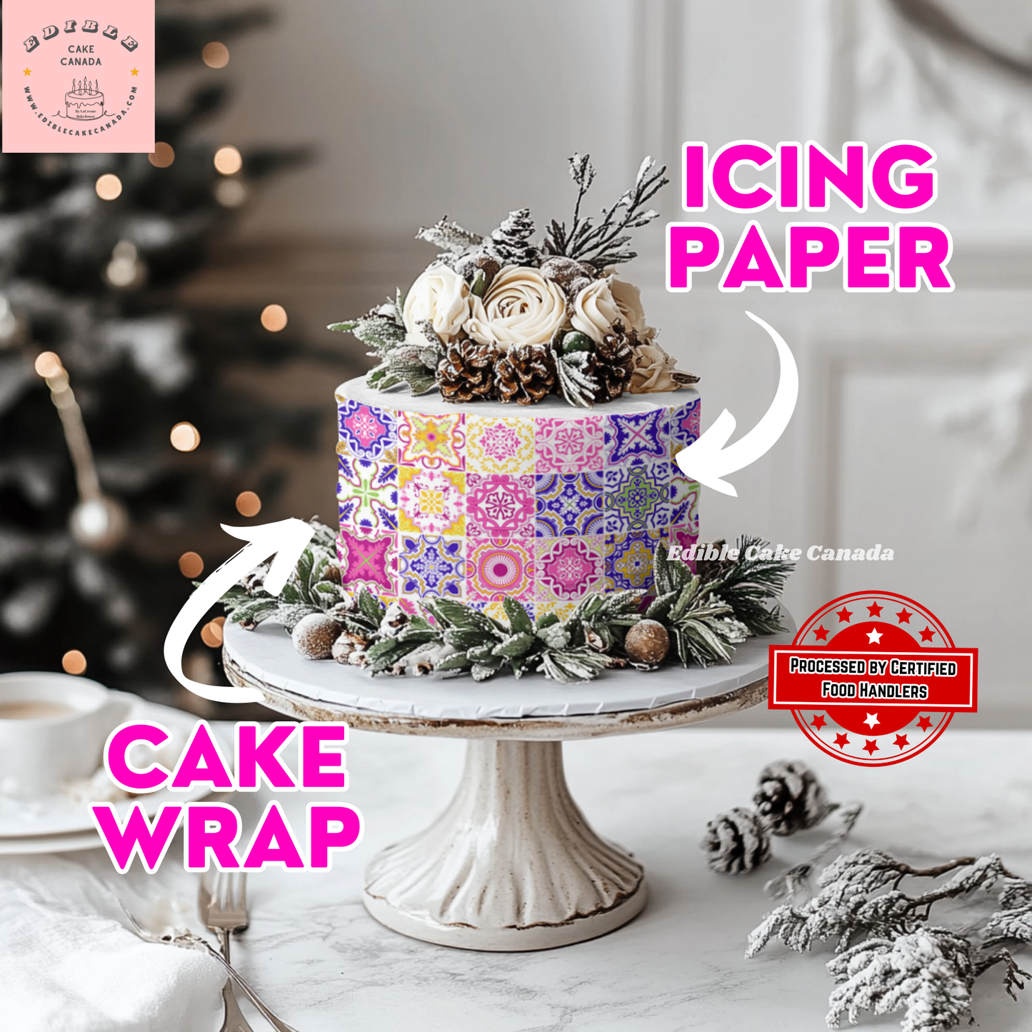 EDIBLE Pink Italian Tile Icing Cake Wrap | Mediterranean Frosting Sheet for Wedding, Birthday & Baby Shower Cakes | 8"x10" Icing Sheet