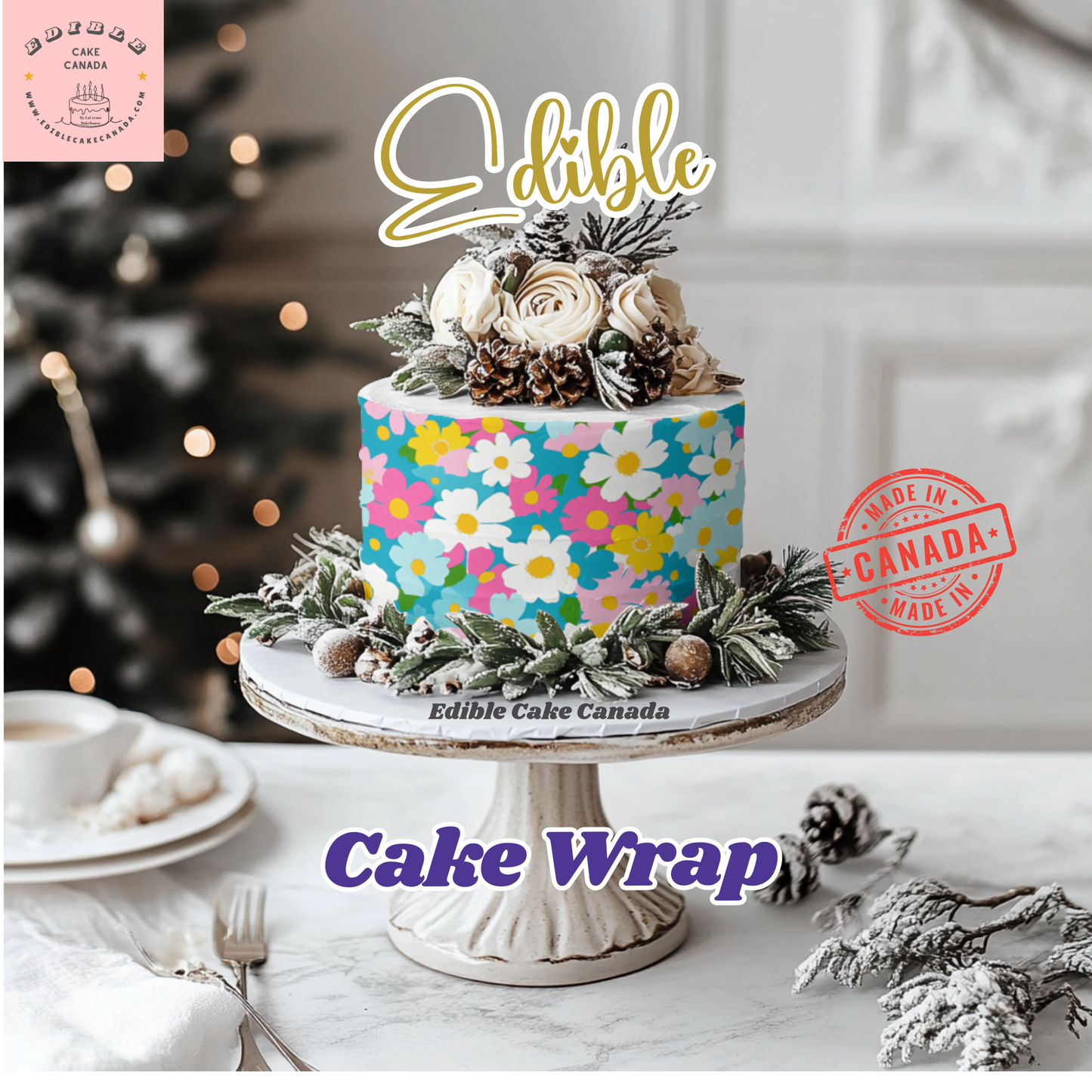 EDIBLE Icing Boho Colourful Flowers Edible Cake Wrap | Edible Floral Cake Decoration | Cake Wrap for Birthdays, Weddings & Garden Parties