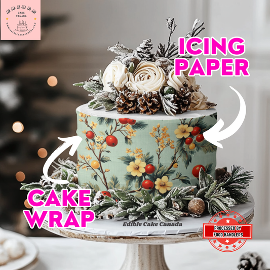 EDIBLE Vintage Christmas Flower Edible Cake Wrap | Festive Floral Icing Sheet for Holiday Cakes | Edible Frosting Paper Wrap Cake Decorating