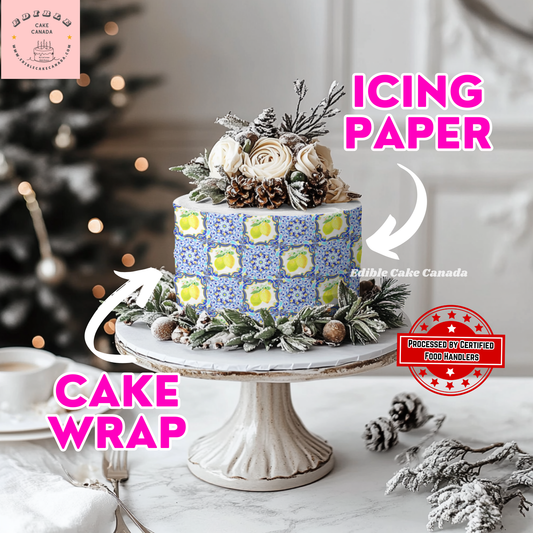 EDIBLE Icing Sheet Cake Wrap | Vintage Lemon Pattern Edible Frosting sheet | Lemons and Blue Blossoms Tile |8" x 10" Edible Frosting Sheet