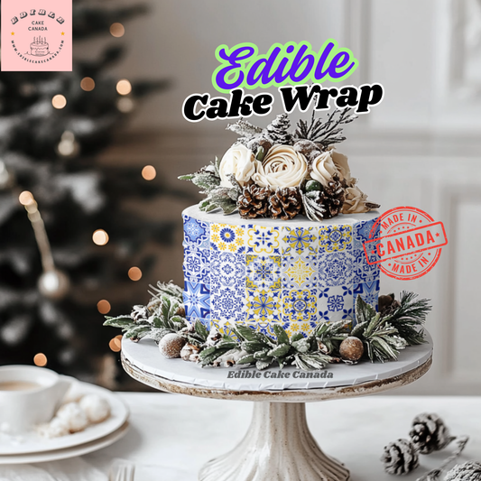 Edible Italian Tile Cake Wrap | Blue & Yellow Mediterranean Cake Decoration | Icing Sheet for Elegant Wedding Birthday Baby Shower Cakes
