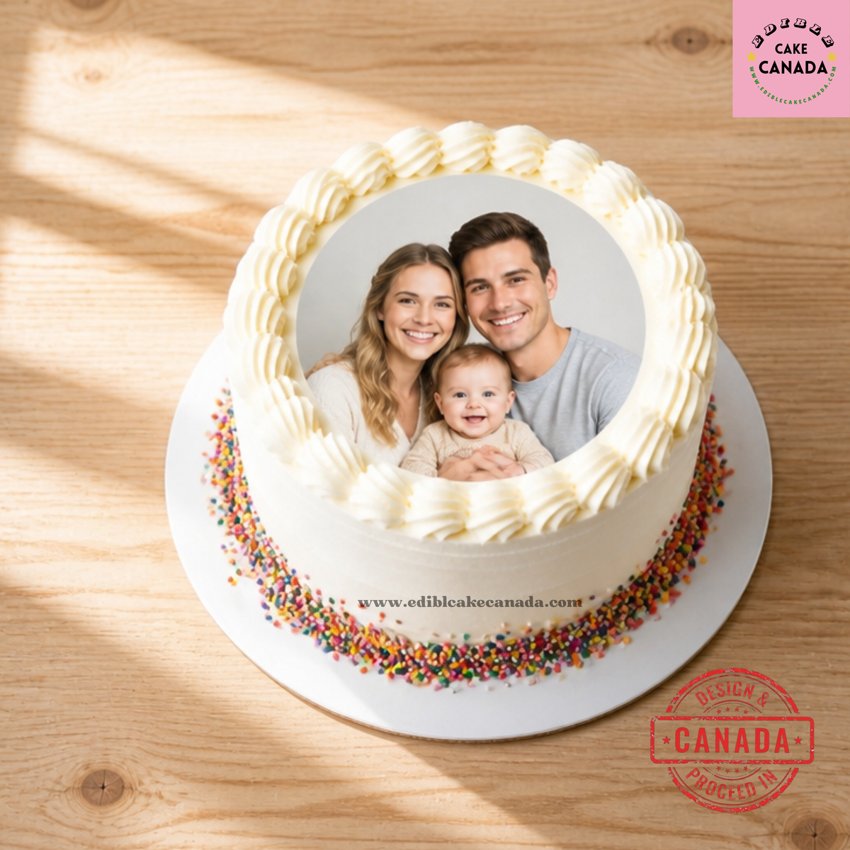 Custom edible photo cake topper on premium icing sheet featuring a personalized birthday photo design, printed with food-grade edible ink for vibrant color and sharp detail.