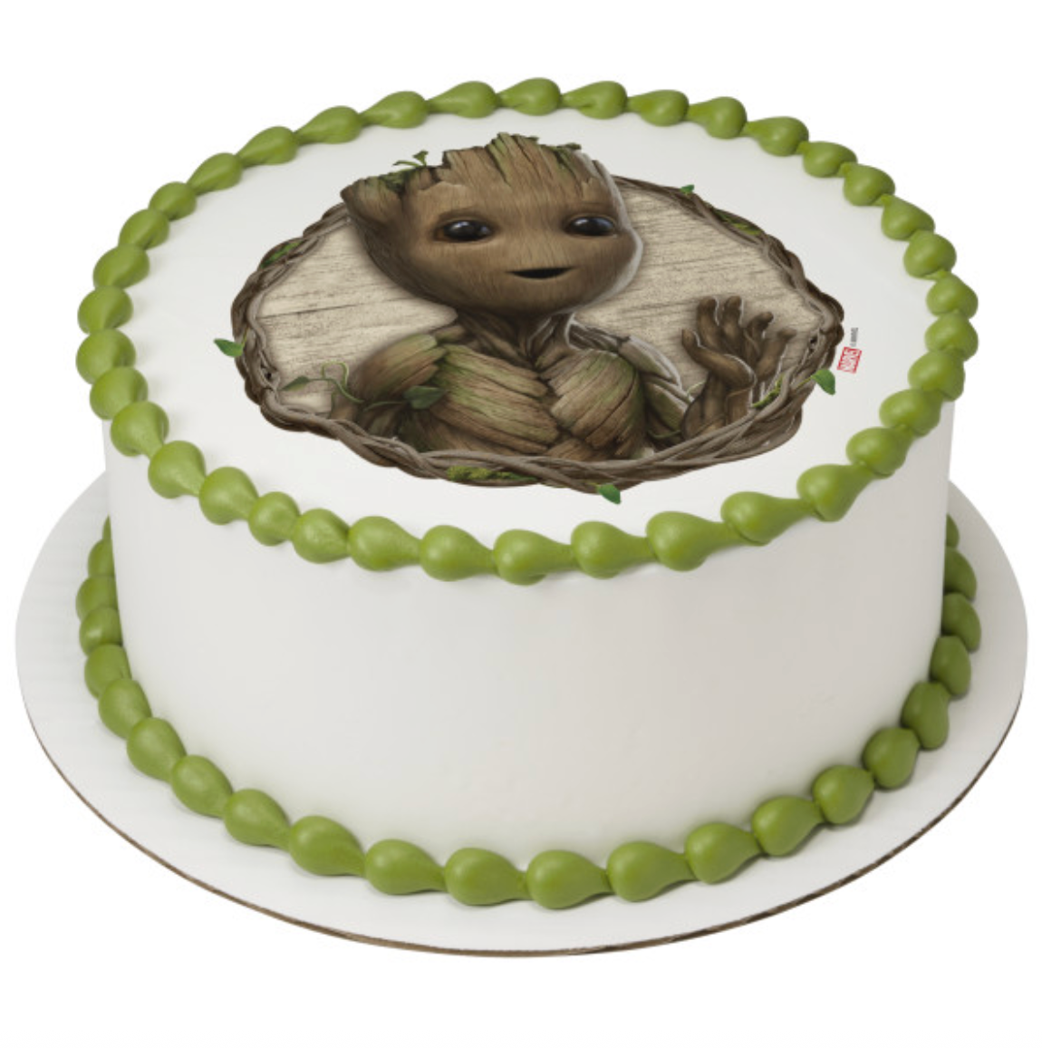 Officially licensed Marvel Studios I Am Groot Cute Little Scamp PhotoCake Edible Image cake topper on white cake Canada