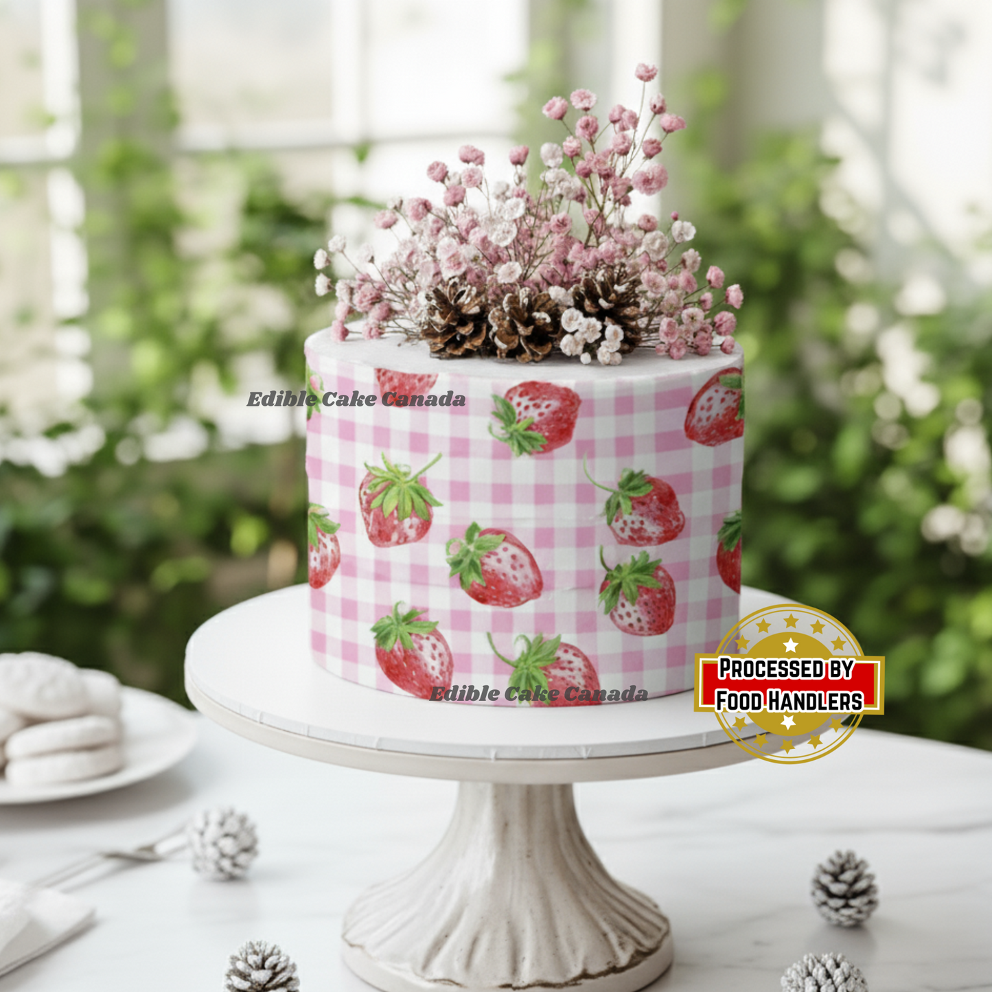 EDIBLE Pink Strawberry Gingham Edible Cake Wrap | Edible Icing Sheet for Sweet Picnic Frosting Paper for Birthday Summer Cakes