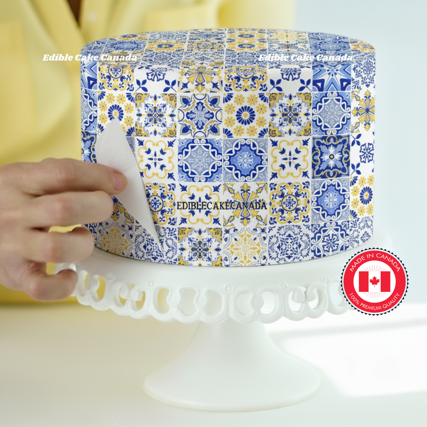 Edible Italian Tile Cake Wrap | Blue & Yellow Mediterranean Cake Decoration | Icing Sheet for Elegant Wedding Birthday Baby Shower Cakes
