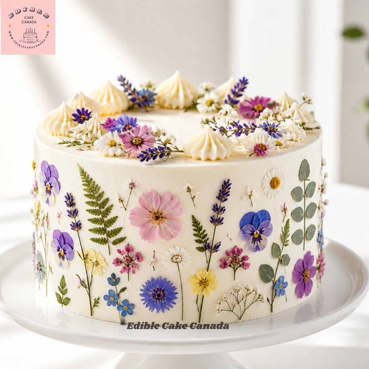 Pressed wildflower edible cake wrap on a white buttercream cake with a botanical meadow border of daisies and greenery