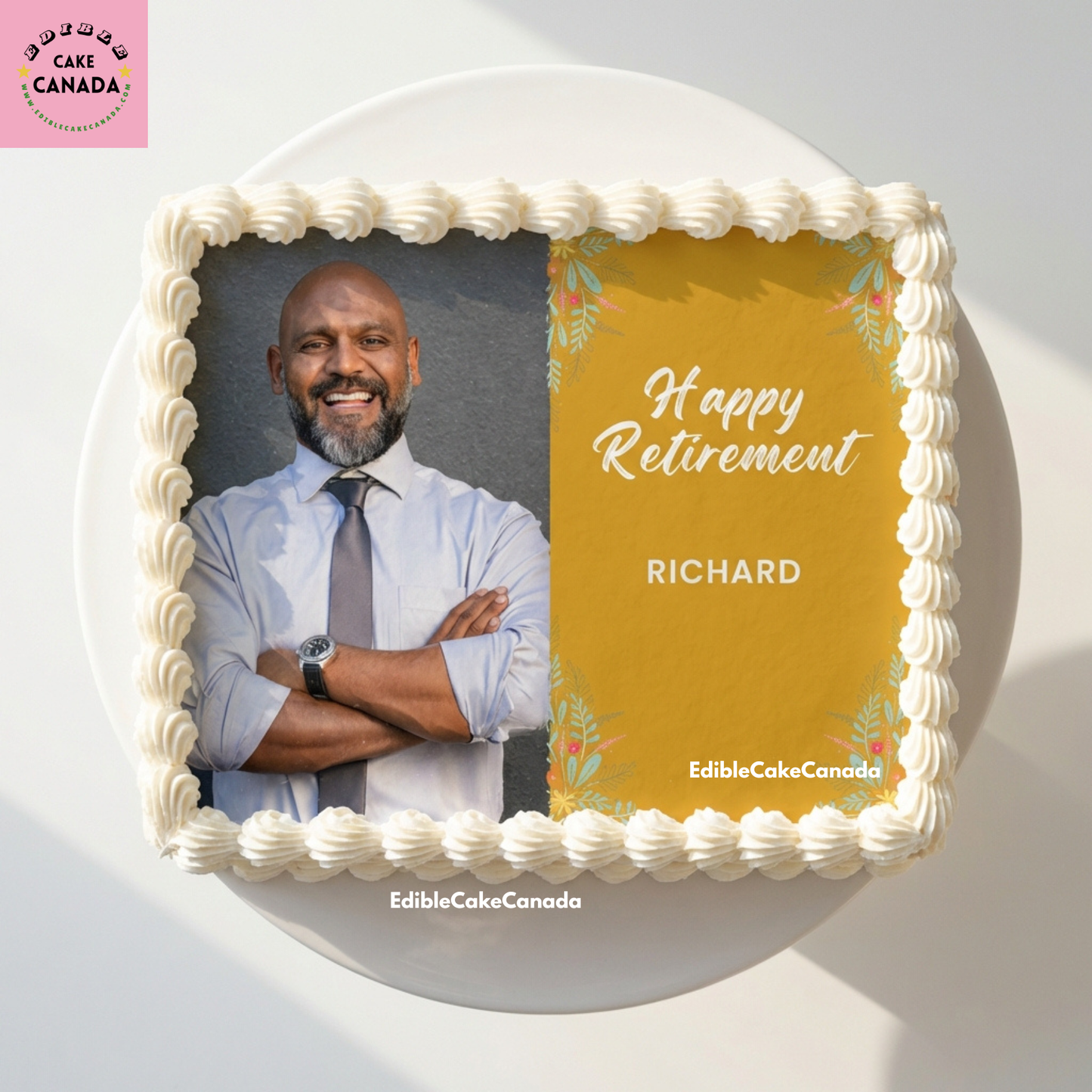 Personalized edible icing sheet for retirement cake with custom photo

Happy retirement cake topper with photo and name

Custom photo cake topper for retirement party in Canada

Edible retirement cake decoration with personalized text