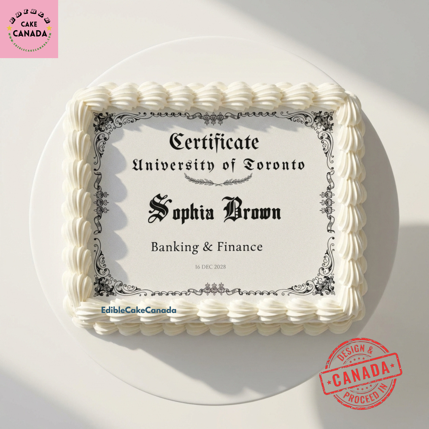 edible icing cake topper with custom photo and text, custom graduation cake topper, graduation certificate edible icing cake topper, personalized diploma cake decoration, edible image cake topper Canada, custom photo cake topper Canada, graduation cake decoration Canada, diploma edible cake topper, university graduation cake topper, college graduation cake topper, personalized edible icing sheet, custom edible cake image, Toronto cake topper, Vancouver edible cake topper, Calgary graduation cake topper, Ott