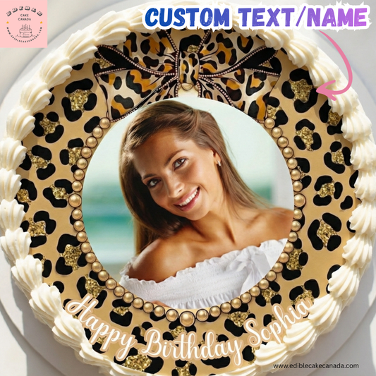 Custom photo edible cake topper with leopard print design and personalized birthday name on round icing sheet