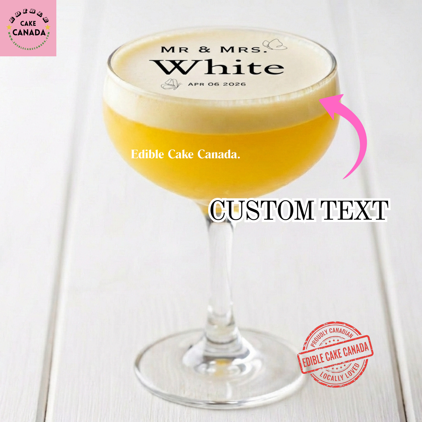 Personalized edible wafer drink topper with custom names and wedding date on cocktail, designed and processed in Canada