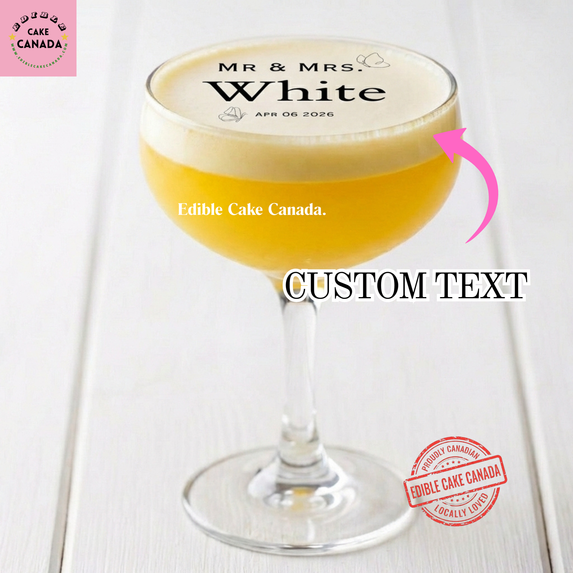 Personalized edible wafer drink topper with custom names and wedding date on cocktail, designed and processed in Canada