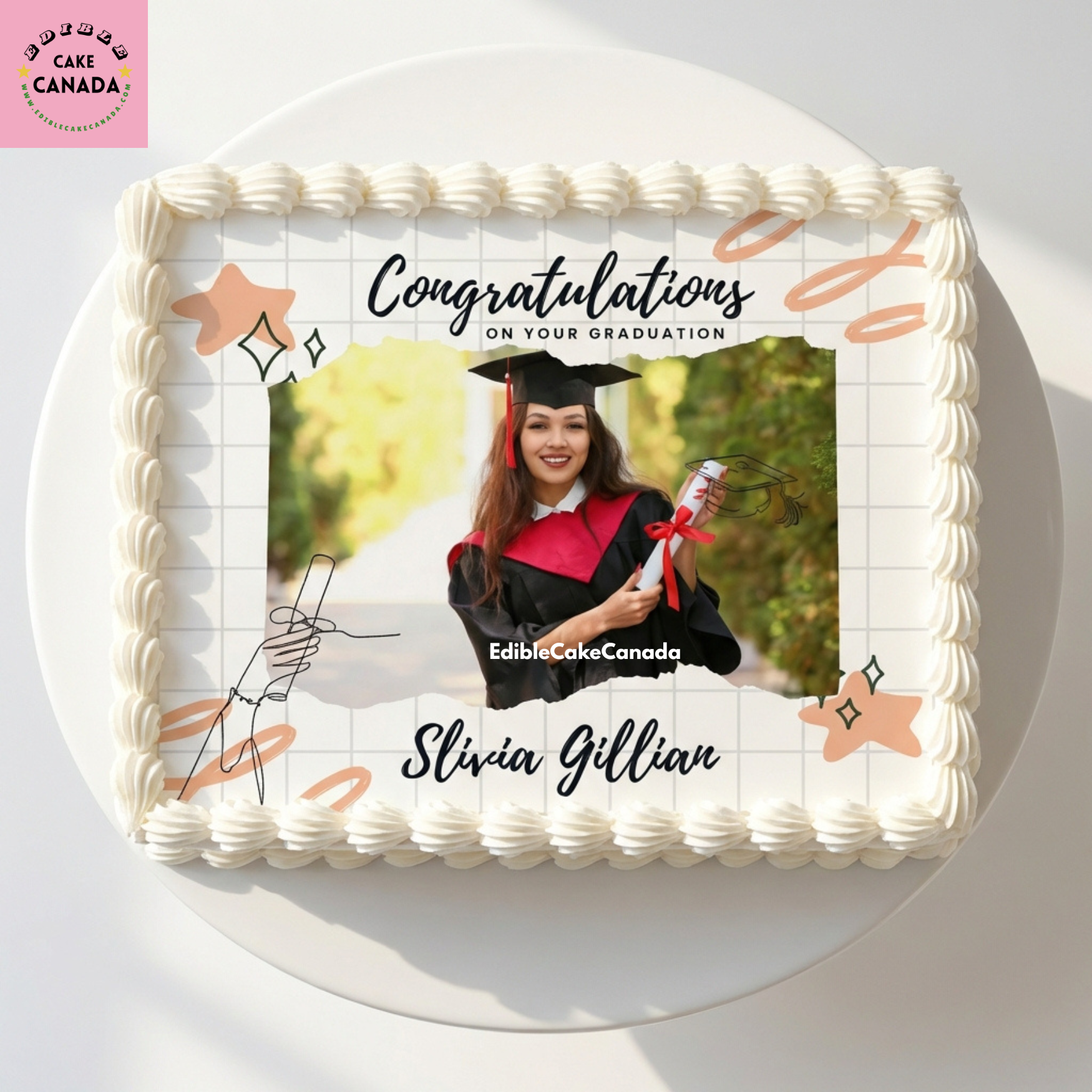 Custom graduation edible cake topper with photo and text for Class of 2026  

Personalized edible icing cake topper for graduation party cake  

Graduation photo cake topper with student name and school colors  

Custom edible image cake decoration for high school or college graduation  

Class of 2026 edible cake topper made in Canada ontario