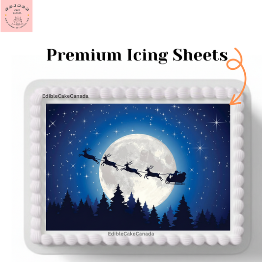 Edible Icing Cake & Cupcake Toppers – Santa Claus & Reindeer Under Moonlit Night Sky – Christmas Theme