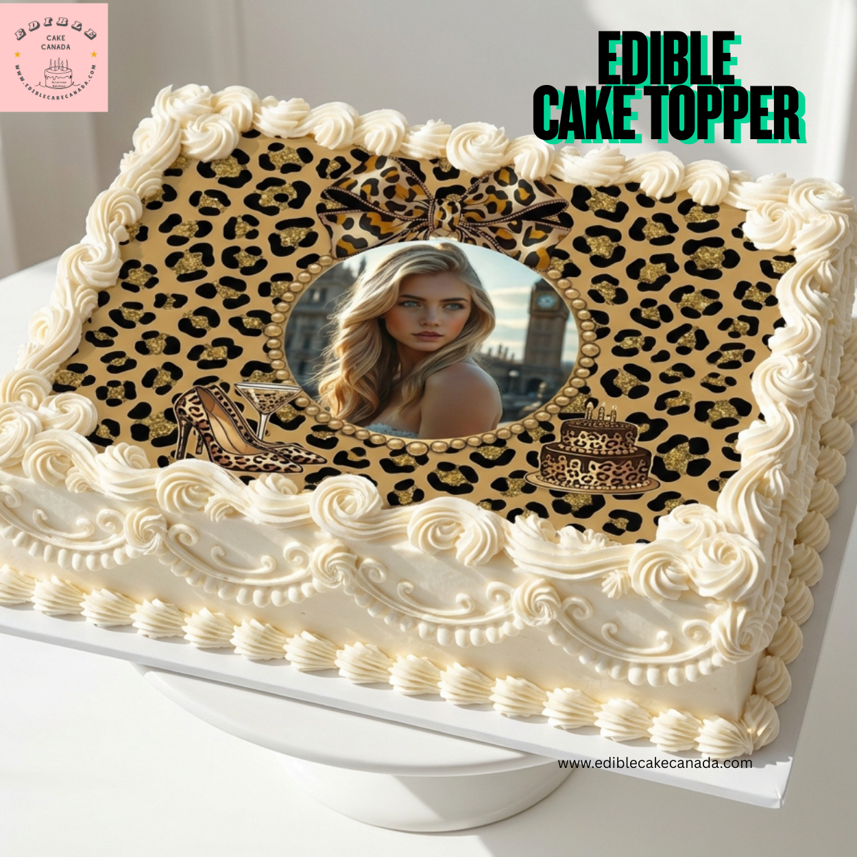 Custom photo edible cake topper with leopard print design and personalized birthday name on round icing sheet
