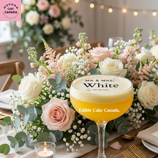 Personalized edible wafer drink topper with custom names and wedding date on cocktail, designed and processed in Canada