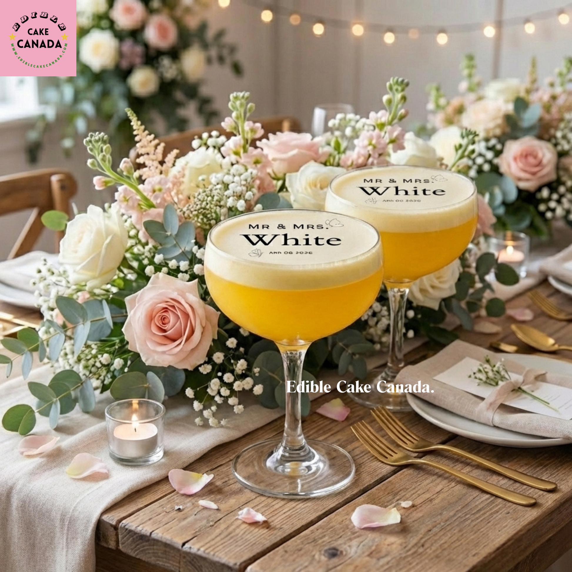 Personalized edible wafer drink topper with custom names and wedding date on cocktail, designed and processed in Canada