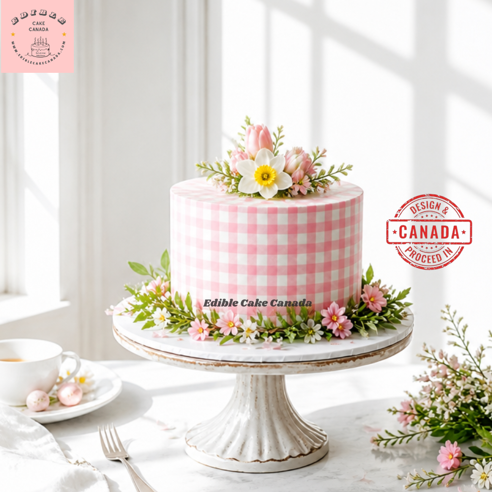EDIBLE Icing Pink  Gingham Cake Wrap | Edible Frosting Paper for Cake strip wrap with checkered pattern | Edible Birthday cake wrap
