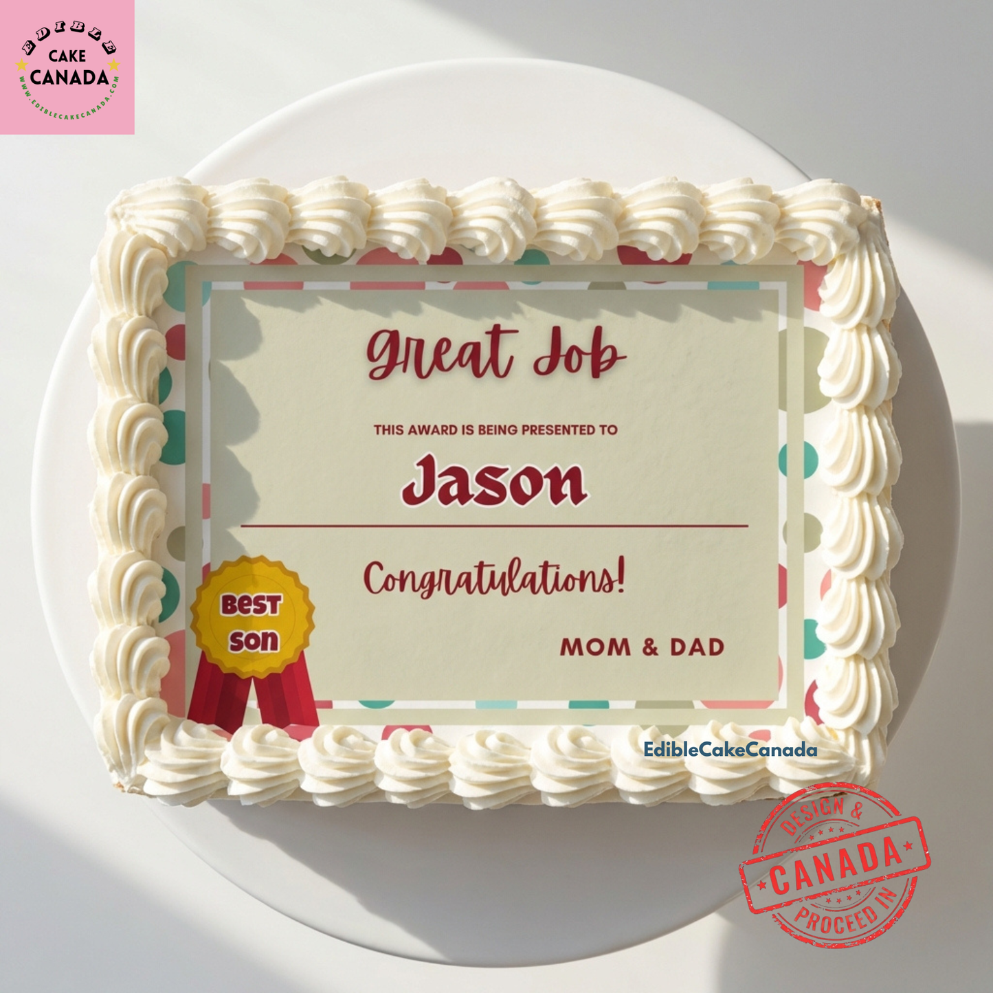Custom Best Son certificate edible icing cake topper Canada  

Personalized Best Daughter edible cake topper with name and text  

Edible icing cake topper with custom photo and certificate design  

Custom award certificate cake topper for son or daughter  

Personalized edible image cake topper made in Canada

