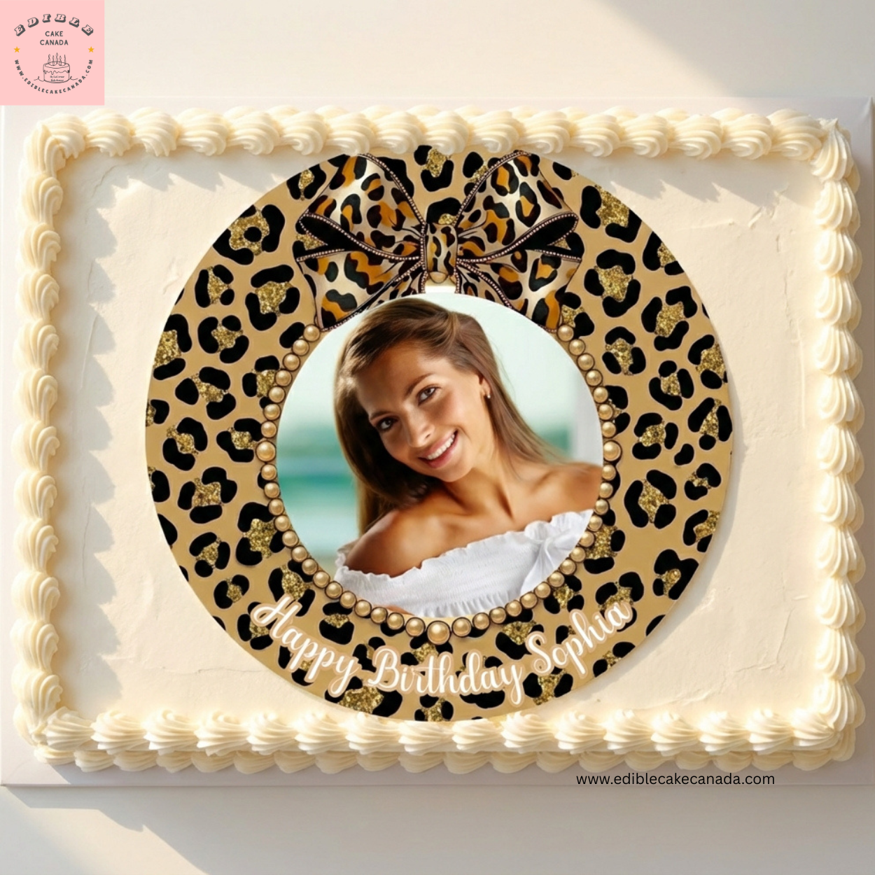 Custom photo edible cake topper with leopard print design and personalized birthday name on round icing sheet