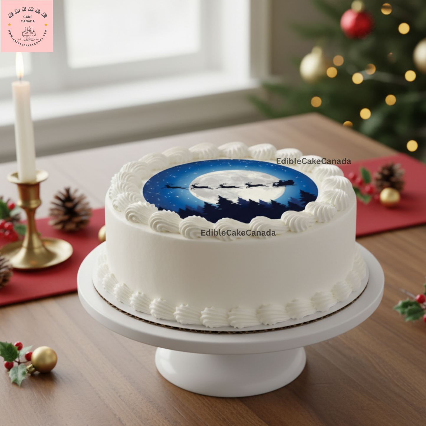 Edible Icing Cake & Cupcake Toppers – Santa Claus & Reindeer Under Moonlit Night Sky – Christmas Theme