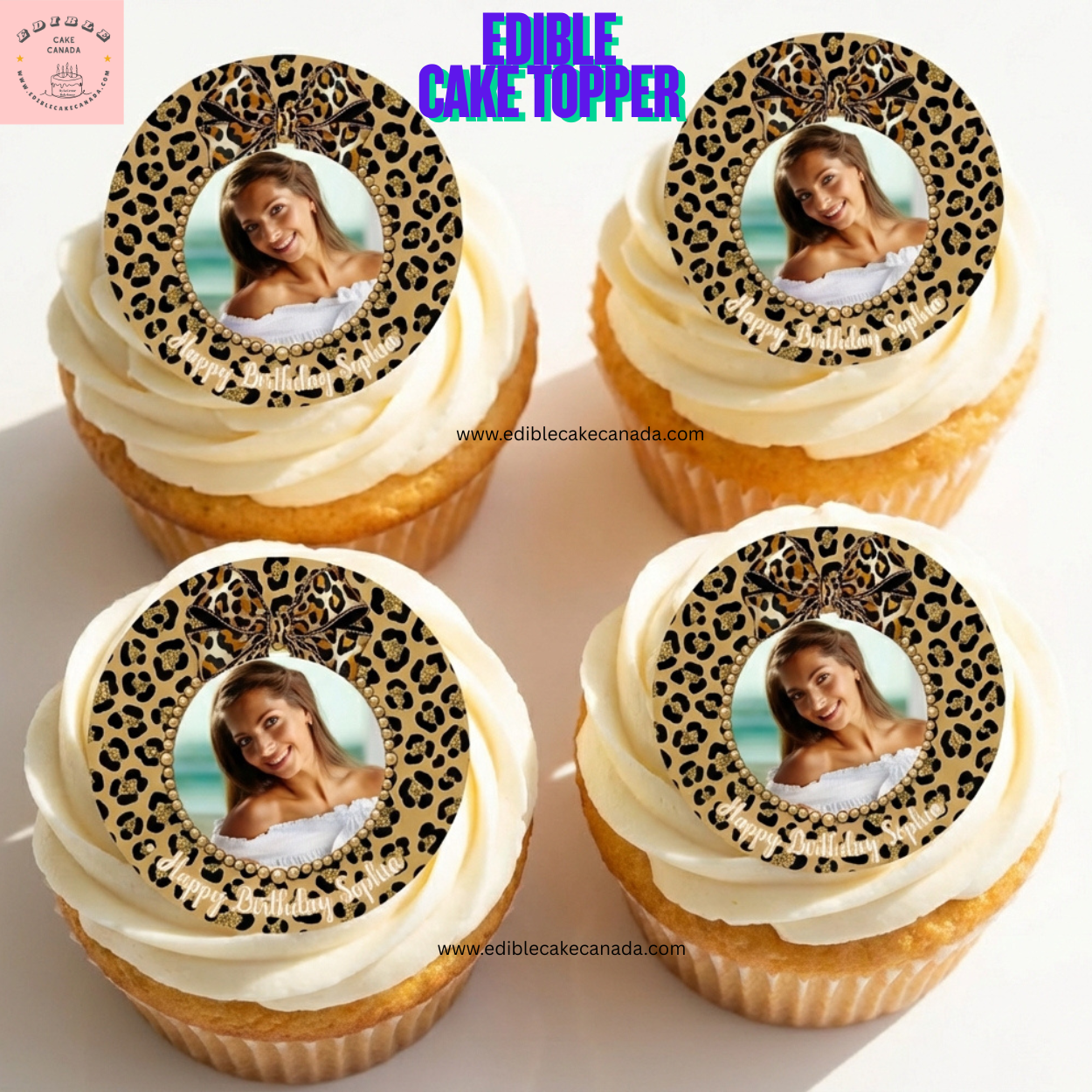 Custom photo edible cake topper with leopard print design and personalized birthday name on round icing sheet cupcake topper