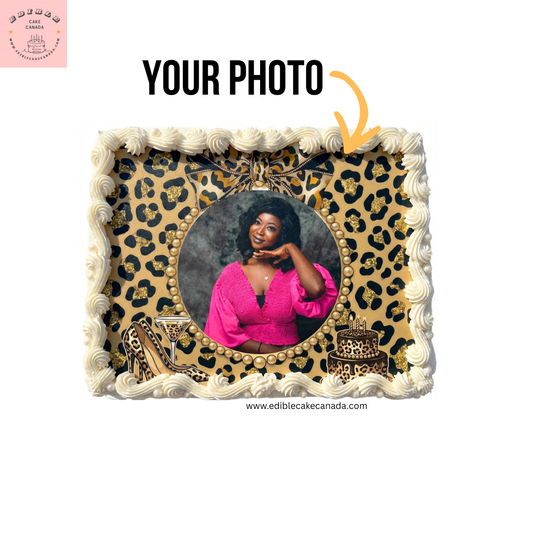 Custom photo edible cake topper with leopard print design and personalized birthday name on round icing sheet