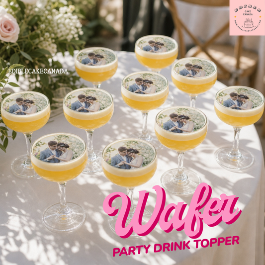 Custom edible wafer drink topper with personalized photo on a champagne glass