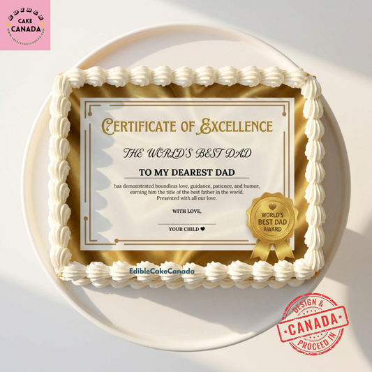 Custom Father’s Day Certificate of Excellence edible icing cake topper with photo and text, World’s Best Dad Award, proceeded in Canada
