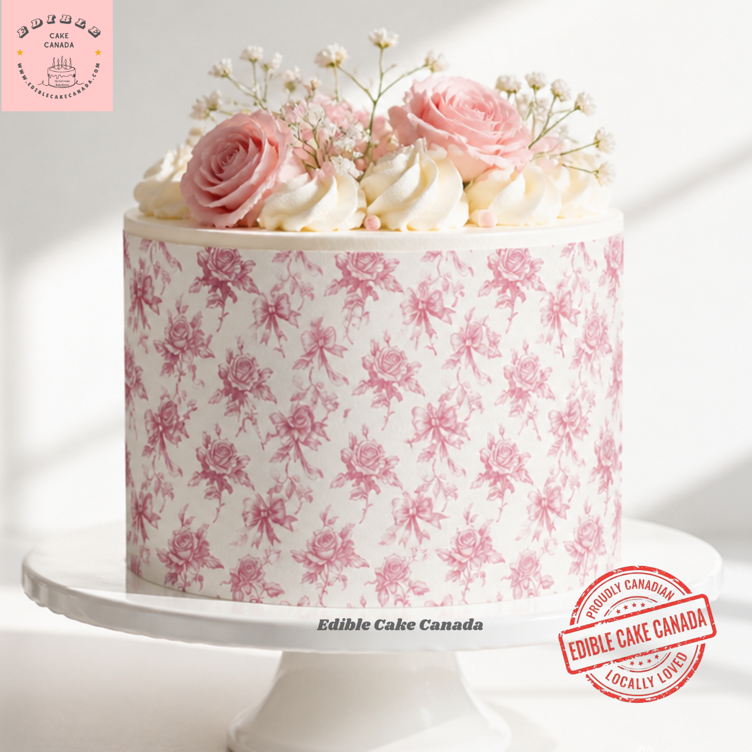 Pink bow and rose French toile edible cake wrap icing sheet 8x10 romantic cottage garden frosting sheet for cake decorating