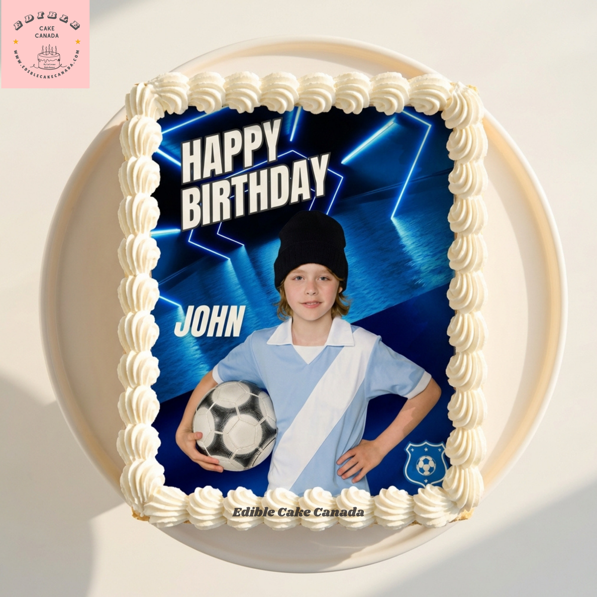 Custom edible icing cake topper with personalized soccer photo on a birthday cake