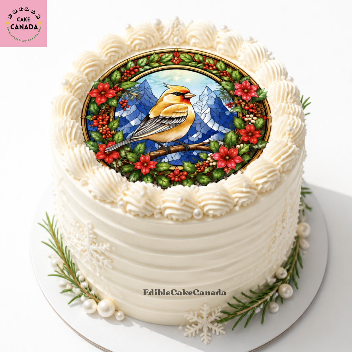 White frosted round cake featuring an edible icing topper of an American 
