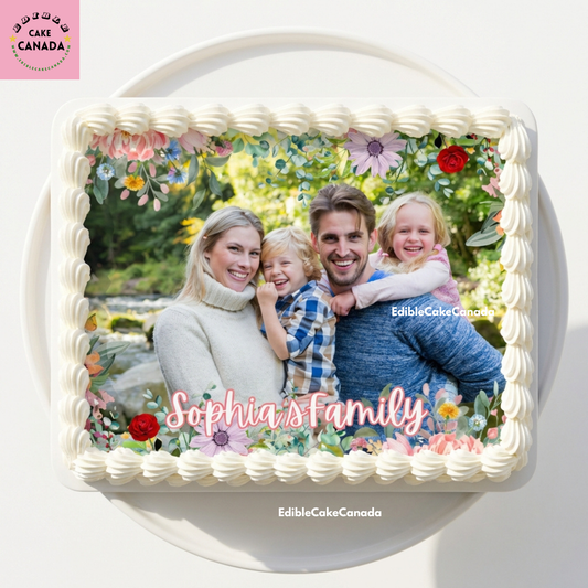 Custom Flower pattern Family Photo Edible Cake Topper – Personalized Icing Sheet for Birthday, Anniversary & Family Party